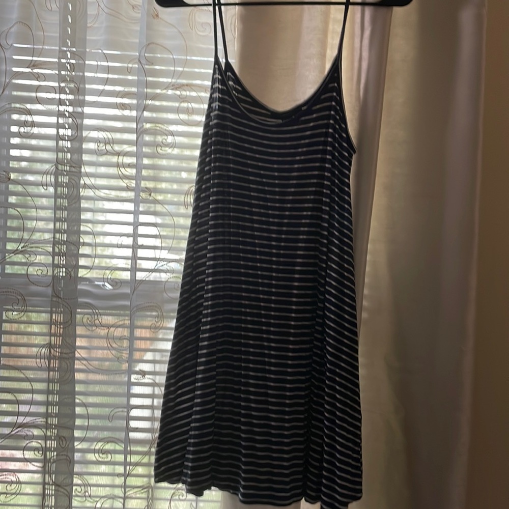 Navy blue and white striped swing tank dress